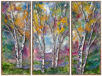 colorful aspen trees in a field of green rolinda stotts art